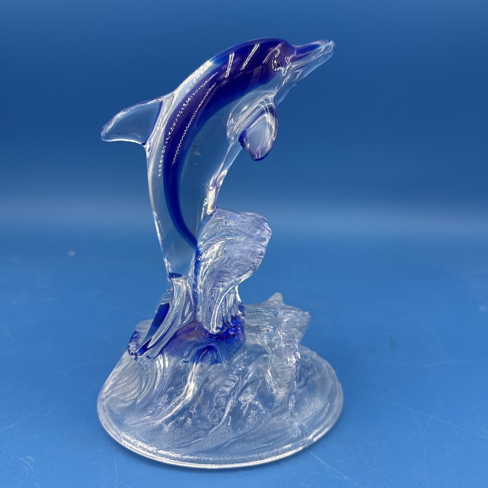 Pressed Glass Dolphin In The Waves Figurine Blue Art Glass 6 1/2" Tall